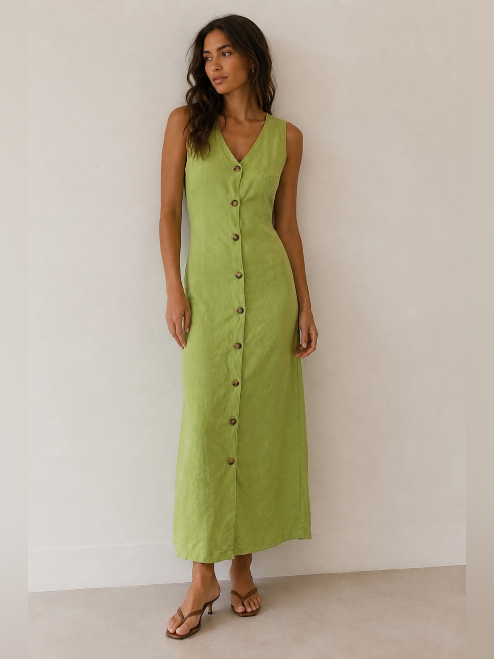 Vintage Linen Sleeveless Maxi Dress Green